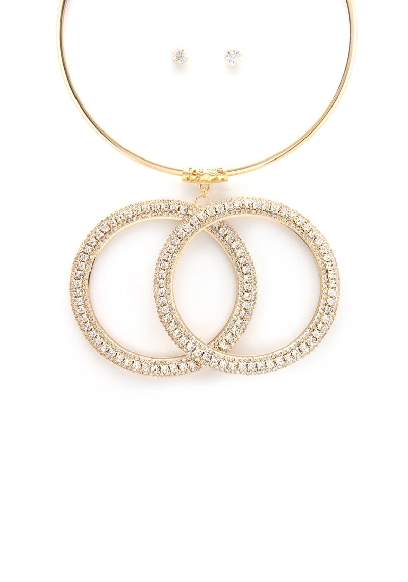 RHINESTONE DOUBLE CIRCLE PENDANT NECKALCE