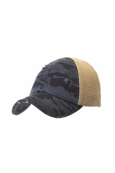 WASHED CAMOUFLAGE PONY CAP WITH STRETCH MESH