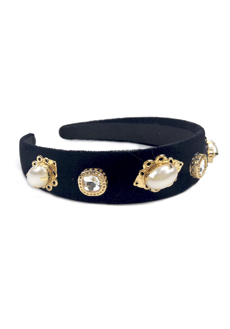EMBELLISHED CRYSTAL STONE PEARL VELVET HEADBAND