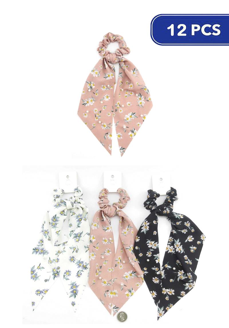 FASHION FLOWER PRINT HAIR SCRUNCHIES (12 UNITS)