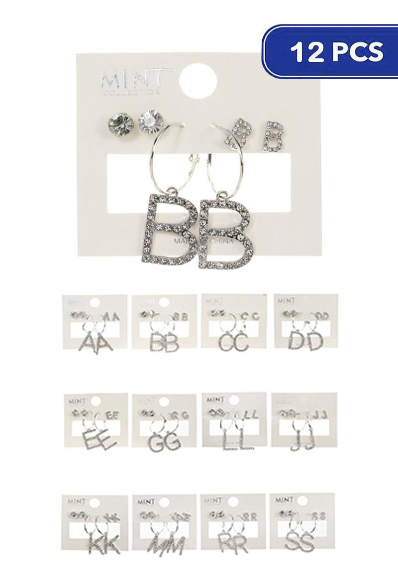FASHION RHINESTONE INITIAL DANGLE EARRING 3 PAIR SET (12 UNITS)