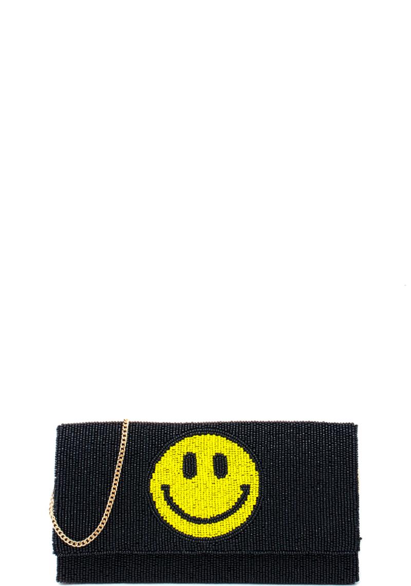 SEED BEAD HAPPY FACE CLUTCH BAG WITH METAL CROSSBODY CHAIN