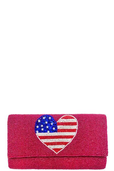 SEED BEAD USA FLAG CLUTCH BAG WITH GOLD CROSSBODY CHAIN