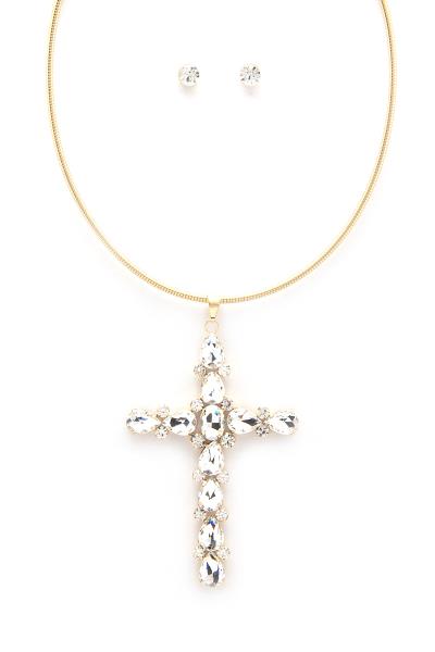 CRYSTAL CROSS METAL NECKLACE