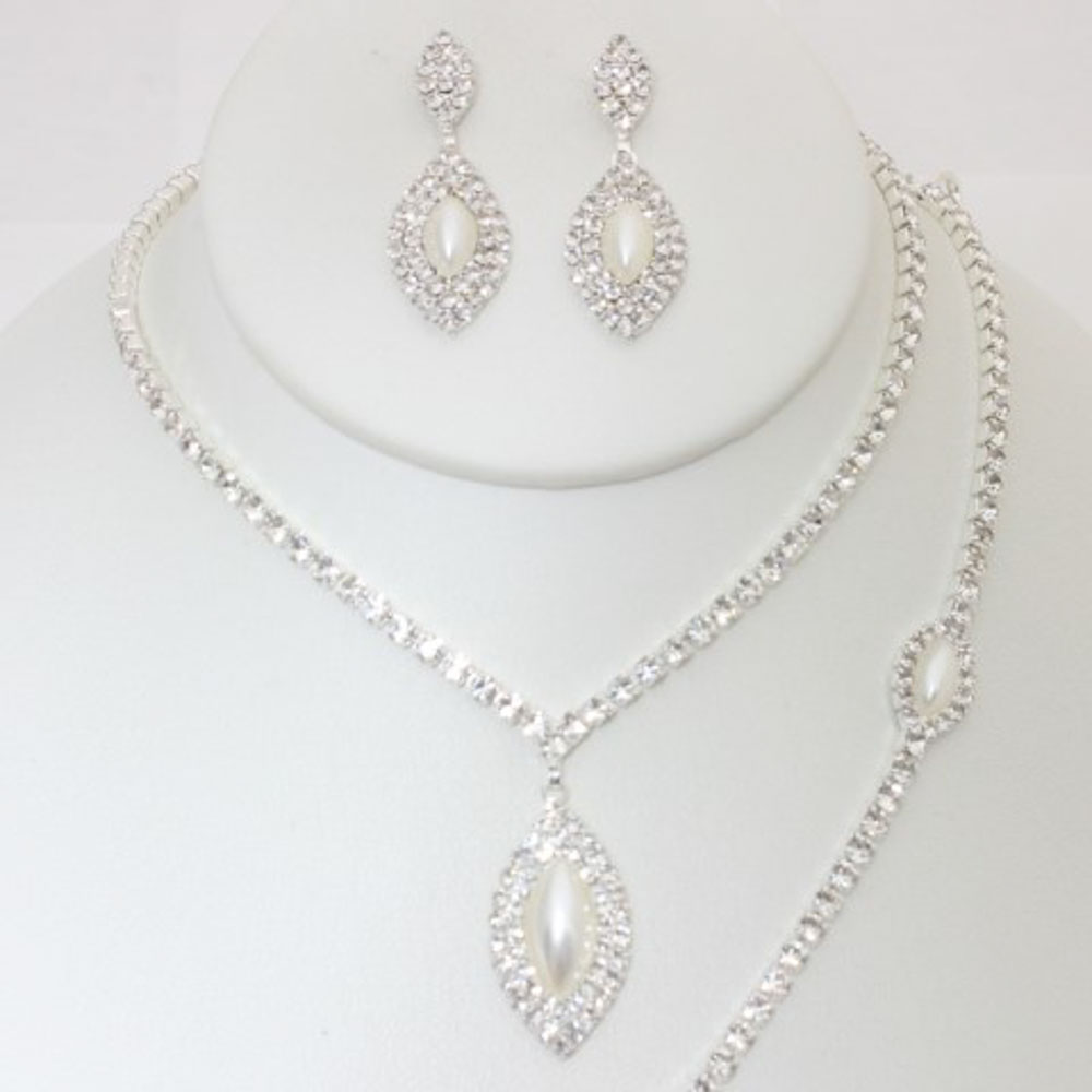 MARQUISE PEARL PENDANT RHINESTONE BRACELET NECKLACE SET