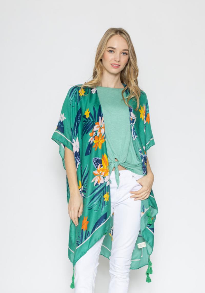 TROPICAL FLORAL TASSEL KIMONO