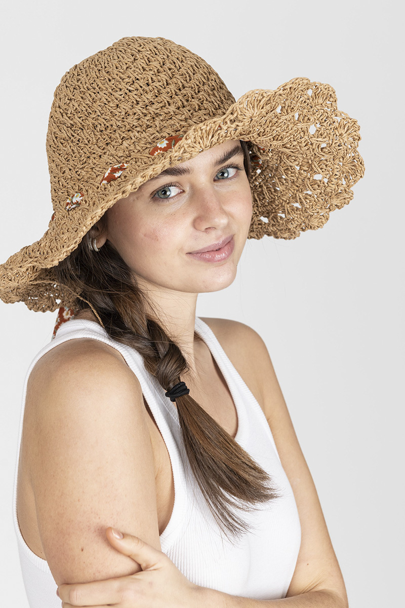 FASHION FLOWER PRINT STRAP STRAW SUN HAT