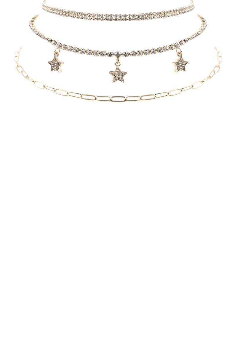 RHINESTONE STAR CHARM 3 LAYERED NECKLACE