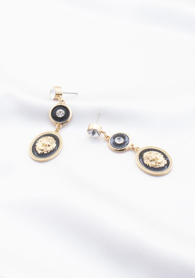 LION HEAD OVAL CRYSTAL DANGLE EARRING