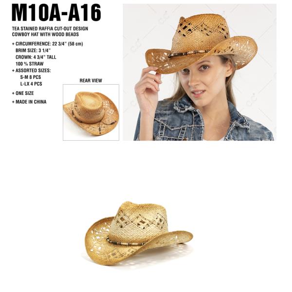 CC TEA STAINED RAFFIA CUT OUT DESIGN COWBOY HAT WITH WOOD BEADS