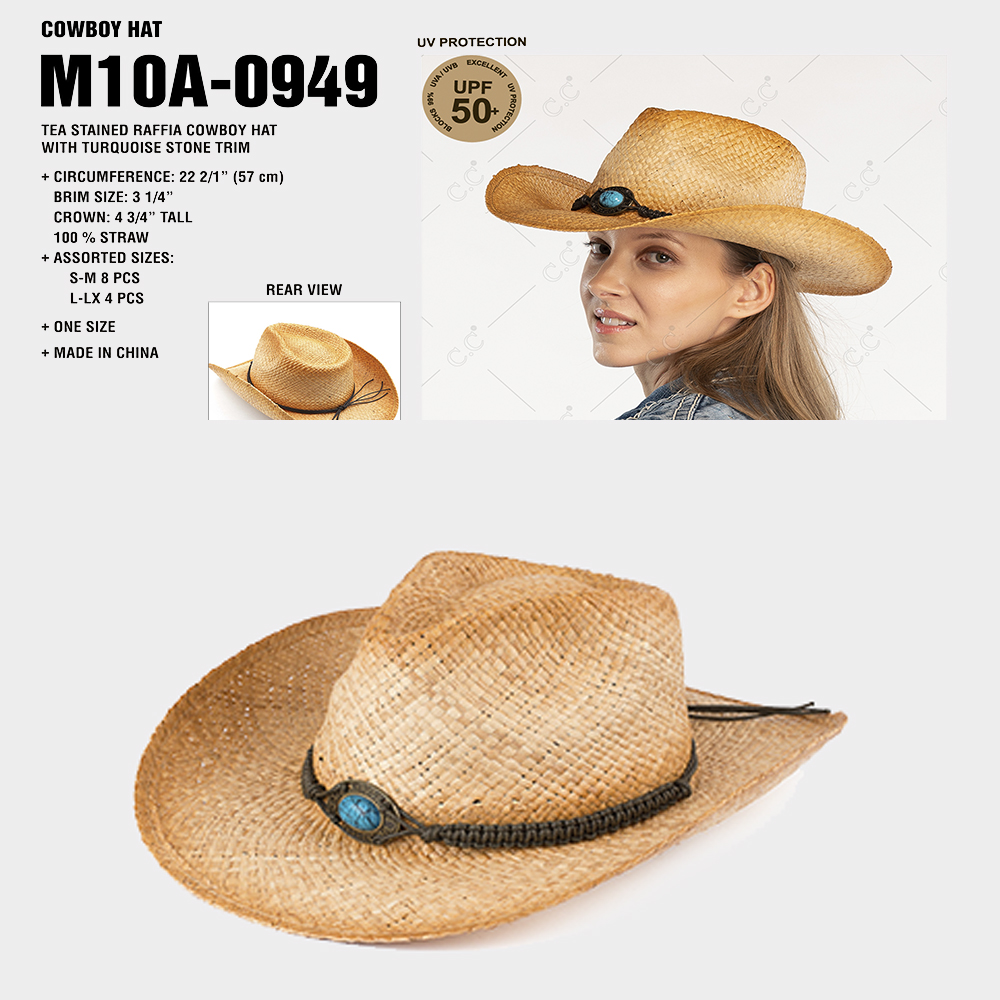 CC TEA STAINED RAFFIA COWBOY HAT WITH TURQUOISE STONE TRIM