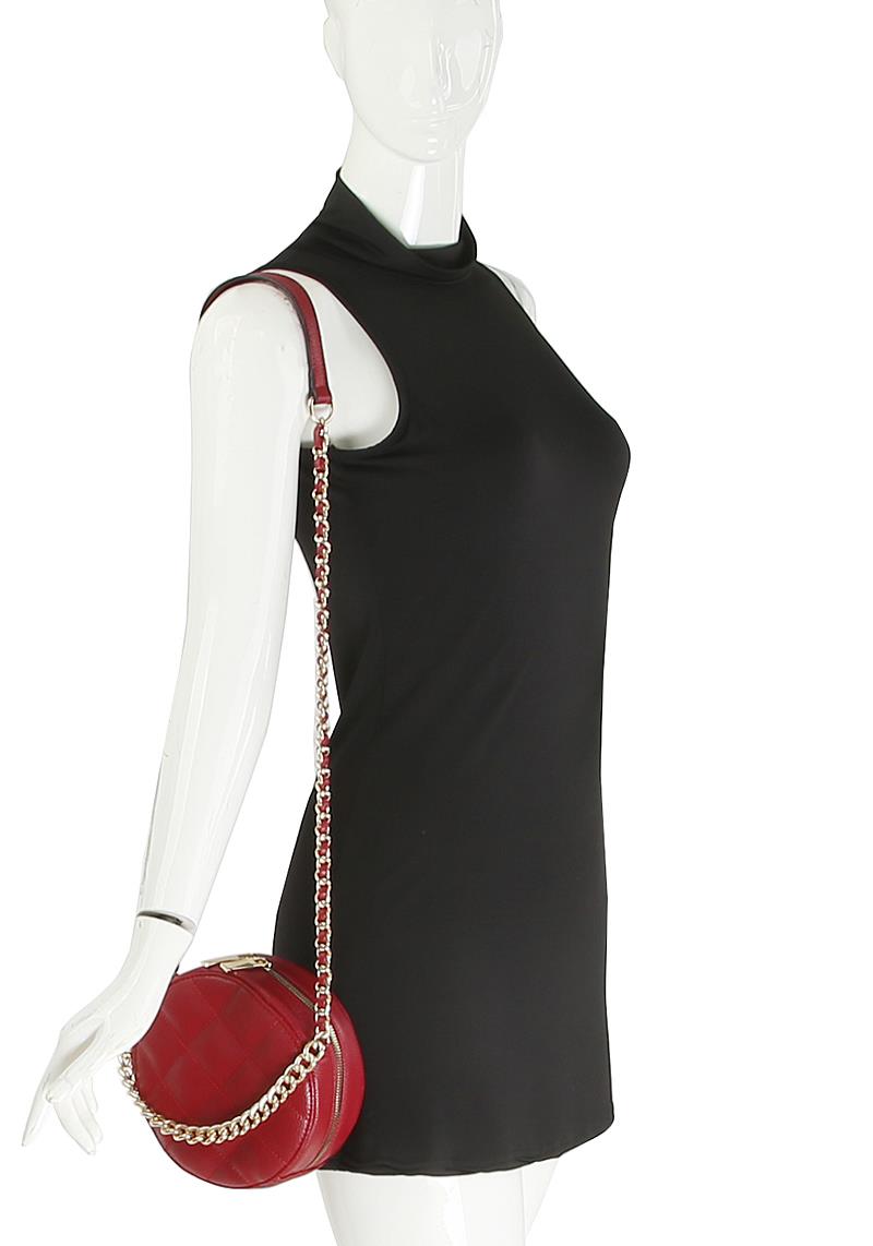 ROUND QUILT CHAIN HANDLE ZIPPER CROSSBODY BAG