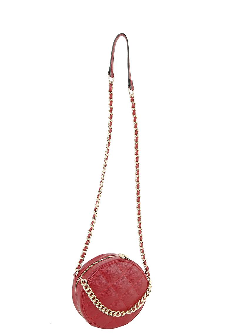 ROUND QUILT CHAIN HANDLE ZIPPER CROSSBODY BAG