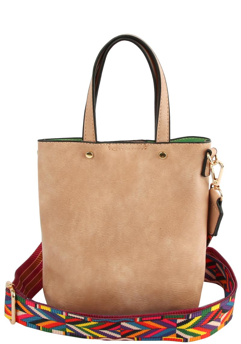 SMOOTH TEXTURED TOTE BAG WITH PATTERN STRAP