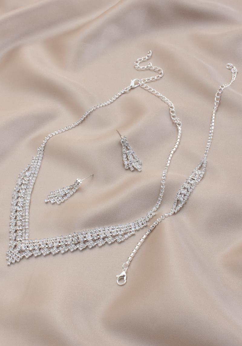 V SHAPE BRIDAL RHINESTONE BRACELET NECKLACE SET