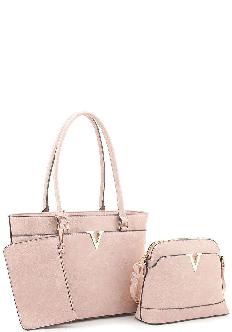 3IN1 SMOOTH PLAIN V TOTE BAG WITH CROSSBODY AND CLUTCH SET