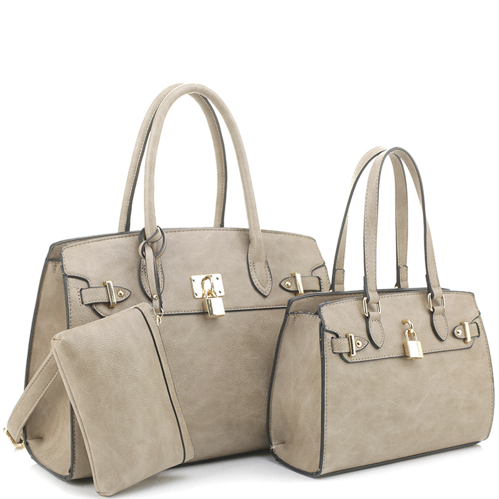 3IN1 PLAIN KEY LOCK DESIGN TOTE BAG WITH BAG AND CLUTCH SET