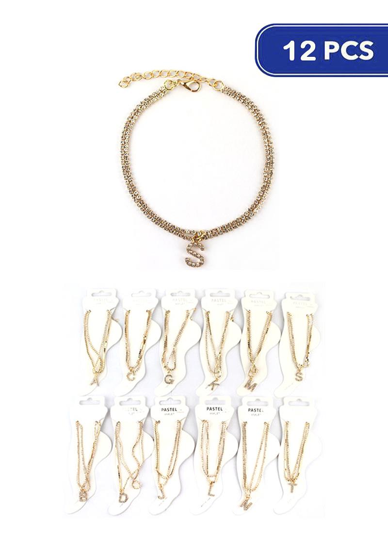 FASHION RHINESTONE INITIAL CHAIN ANKLET (12 UNITS)