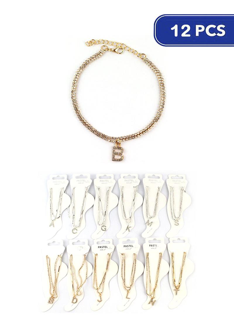FASHION RHINESTONE INITIAL CHAIN ANKLET (12 UNITS)
