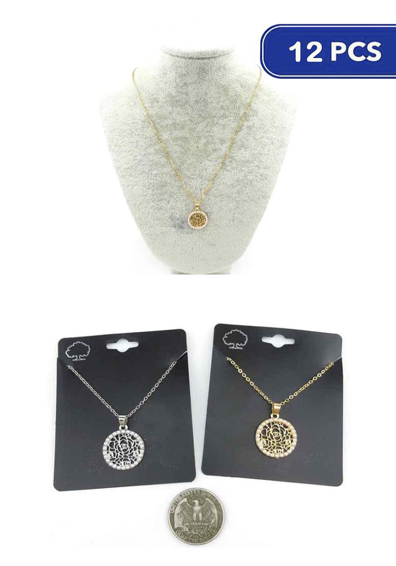 FASHION FLOWER ROUND PENDANT NECKLACE (12 UNITS)