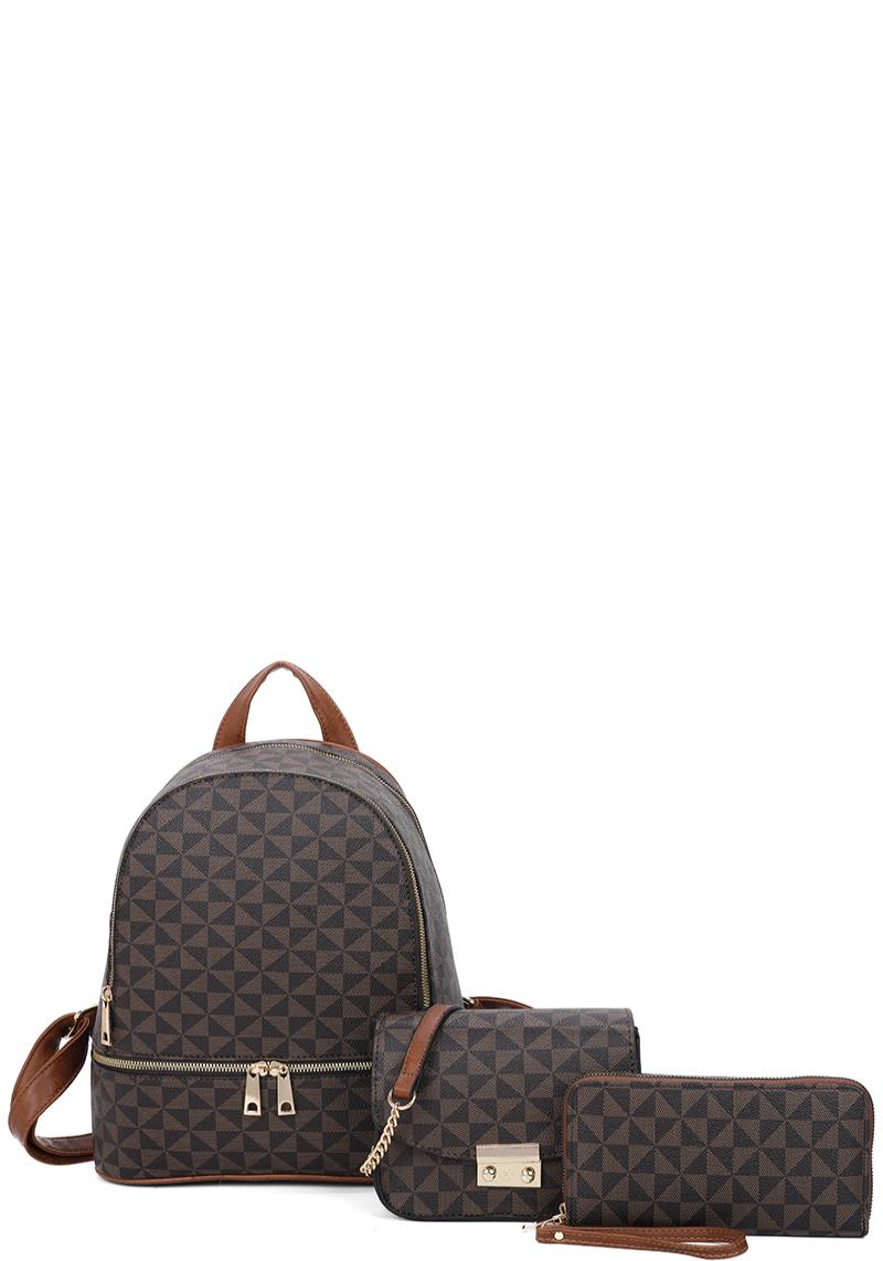 3IN1 TRIANGULAR MONOGRAM ZIPPER BACKPACK WITH CROSSBODY AND WALLET SET