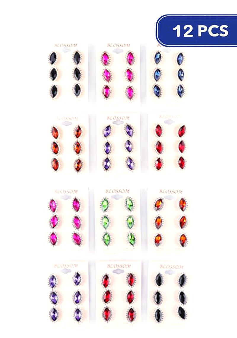 RHINESTONE CRYSTAL 3 PAIR EARRING SET (12 UNITS)
