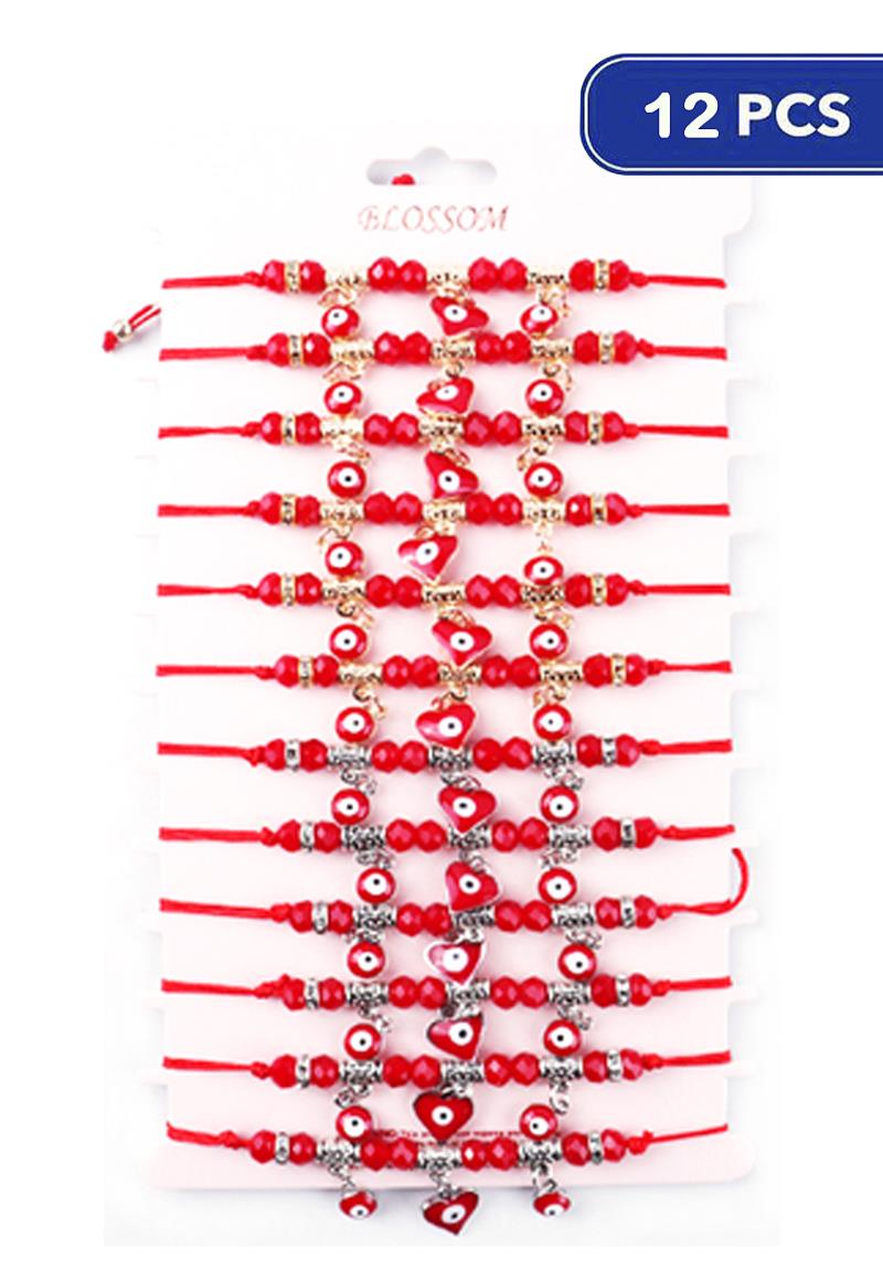 EVIL EYE HEART BALL CRYSTAL BEAD STRING BRACELET (12 UNITS)