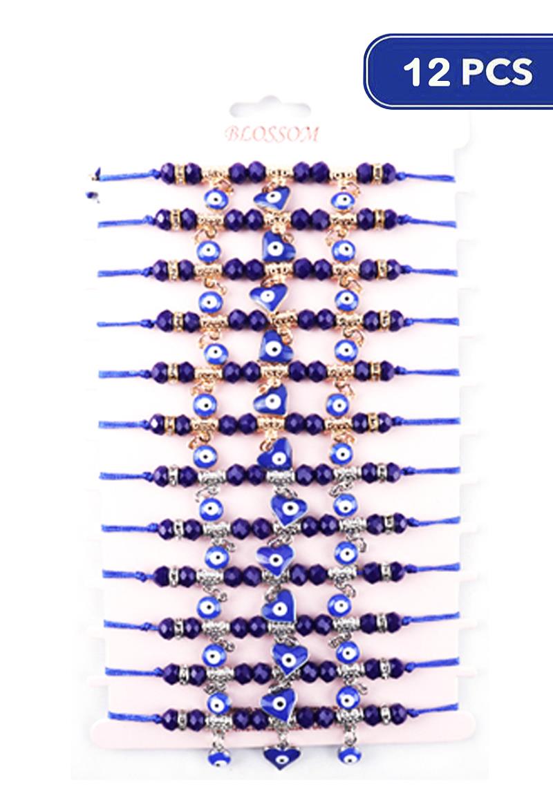EVIL EYE HEART BALL CRYSTAL BEAD STRING BRACELET (12 UNITS)