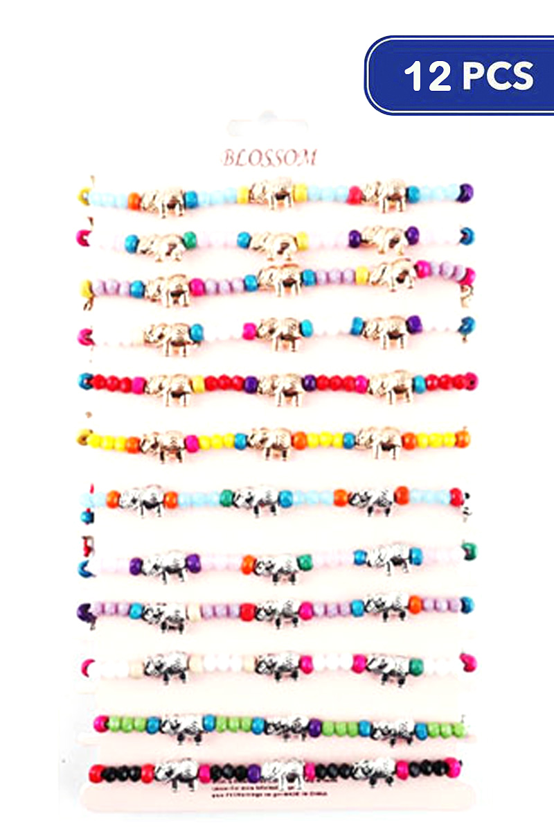 METAL ELEPHANT MULTI COLOR BEAD STRING BRACELET (12 UNITS)