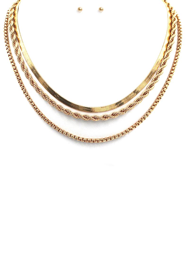 3 LAYERED METAL CHAIN NECKLACE EARRING SET