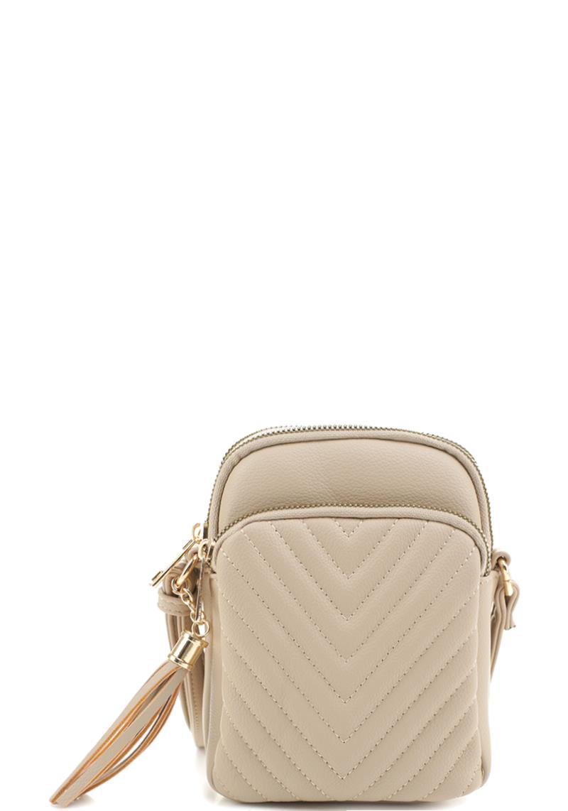 V QUILT STITCHING TASSEL ZIPPER CROSSBODY BAG