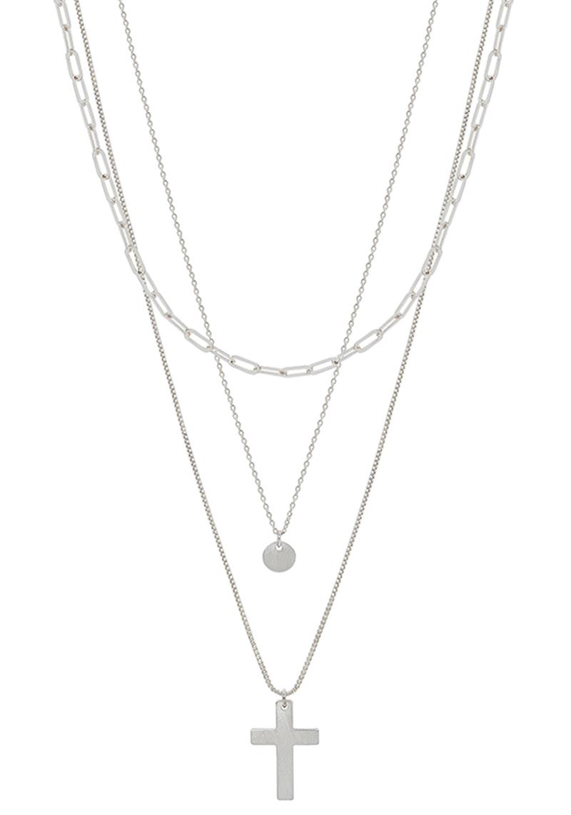 3 LAYERED METAL CHAIN CROSS PENDANT NECKLACE