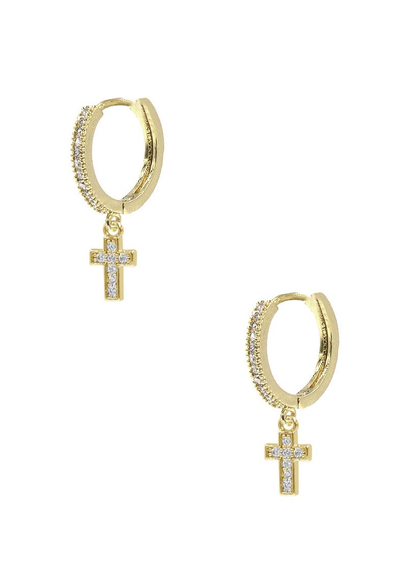 CUBIC ZIRCONIA HUGGIE HOOP WITH CROSS EARRING