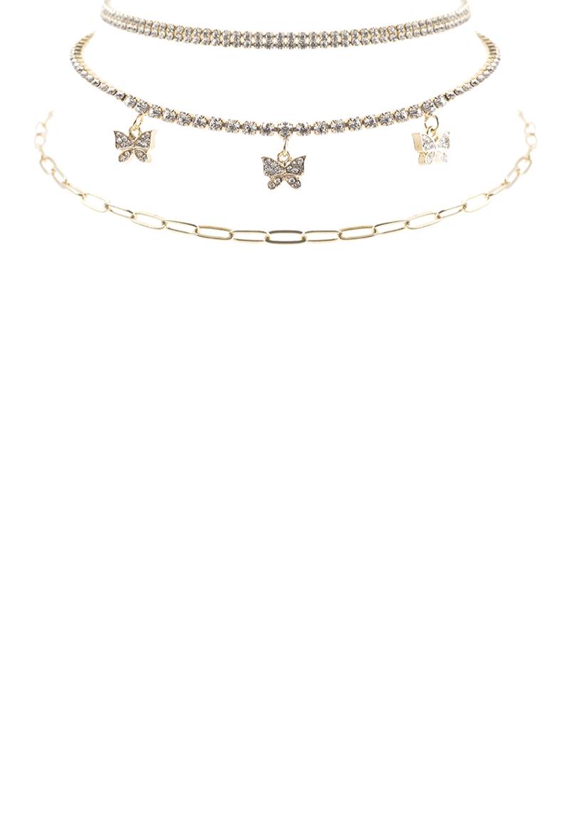 RHINESTONE BUTTERFLY CHARM 3 LAYERED NECKLACE