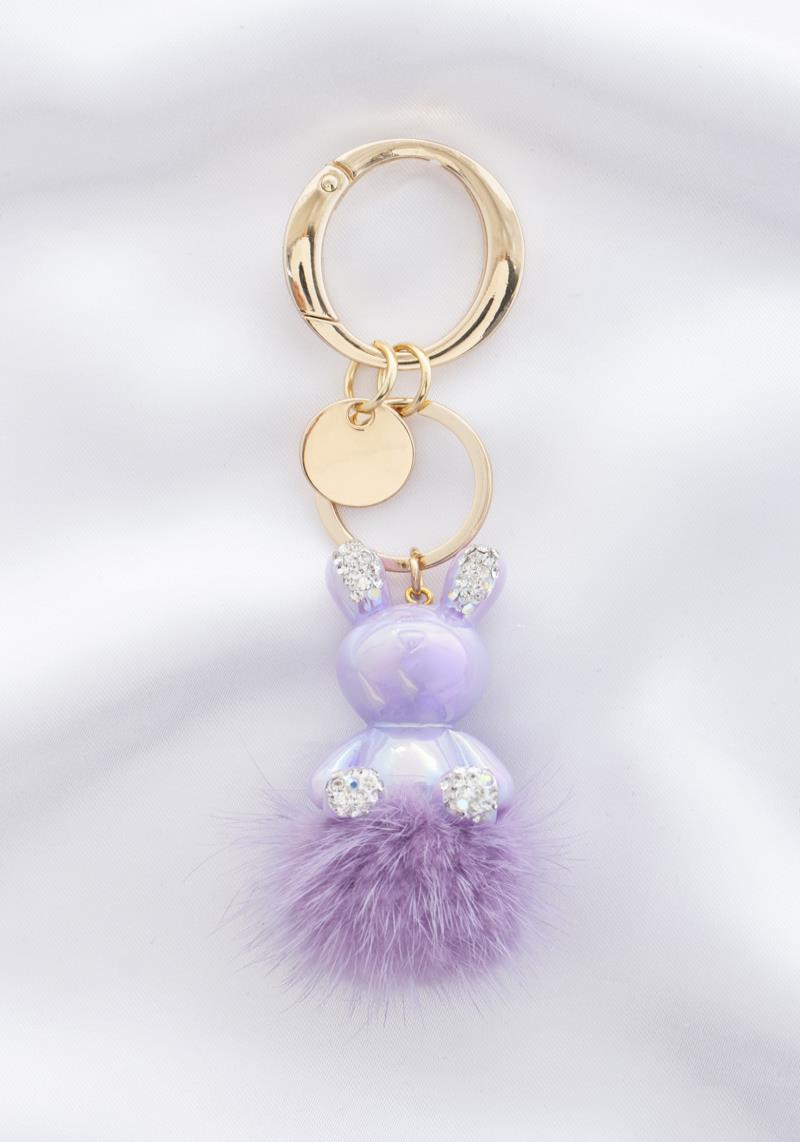 IRIDESCENT BUNNY RHINESTONE POM POM KEYCHAIN