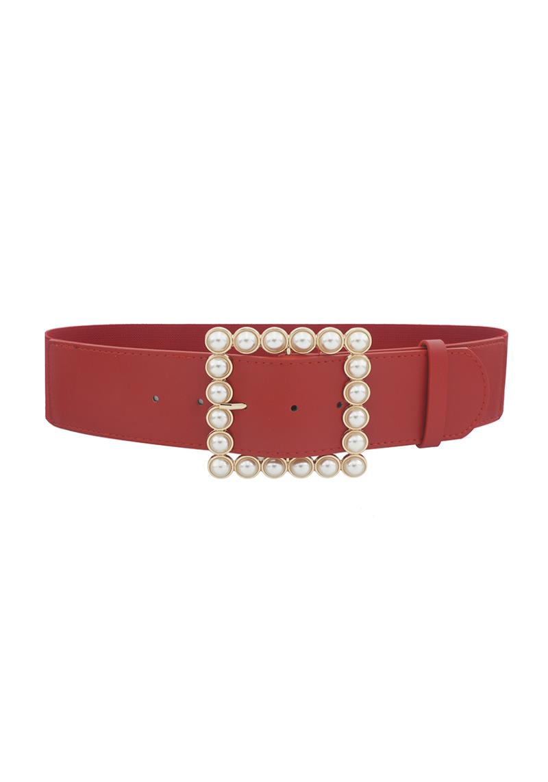 PEARL ACCENTED SQUARE BUCKLE WIDE ELASTIC BELT
