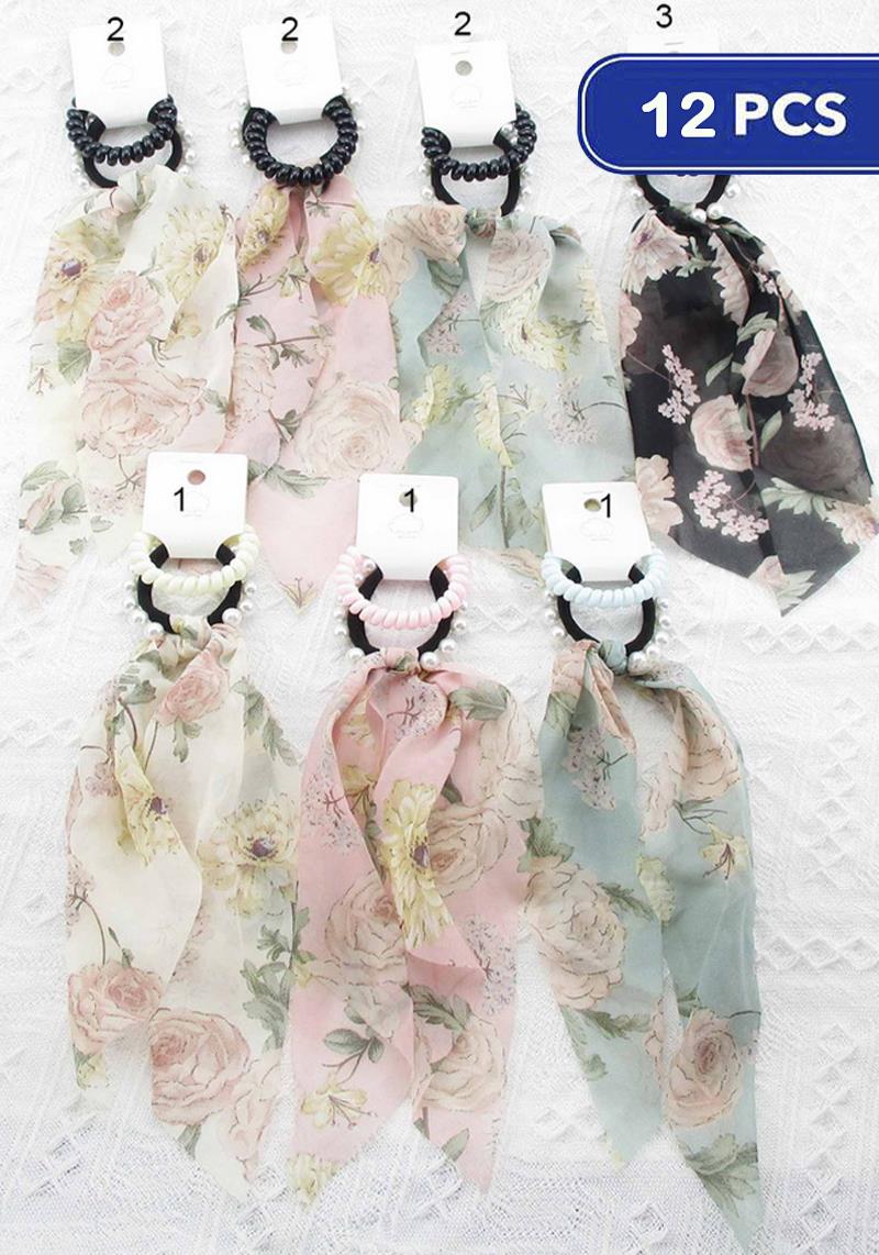 FASHION FLOWER PRINT TASSEL HAIR TIE (12 UNITS)