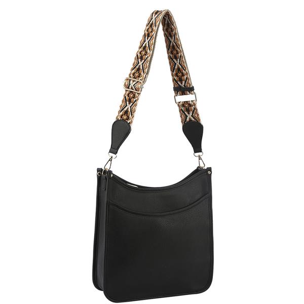 PLAIN SMOOTH SHOULDER CURVED CROSSBODY BAG WITH PATTERN STRAP