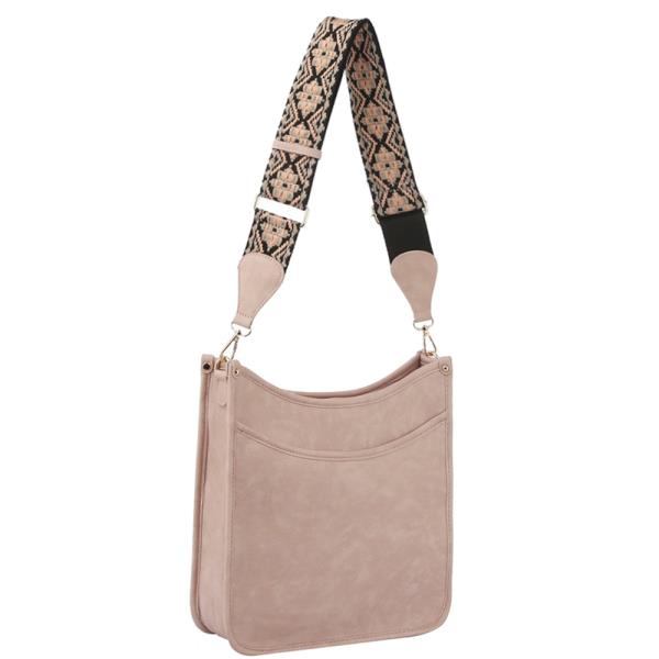 PLAIN SMOOTH SHOULDER CURVED CROSSBODY BAG WITH PATTERN STRAP