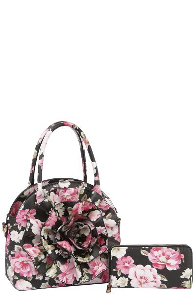 FLORAL PRINT ROSE DESIGN SATCHEL WITH WALLET SET