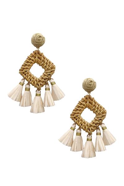 RATTAN RECTANGLE TASSEL DANGLE EARRING