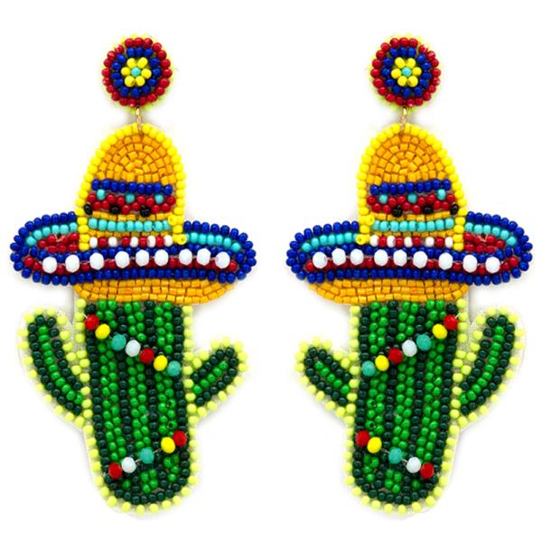 SEED BEAD CACTUS MEXICAN HAT DANGLE EARRING