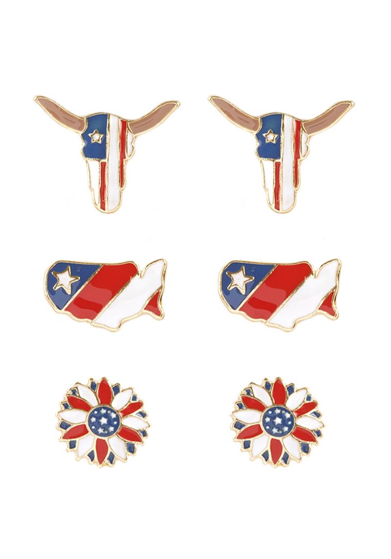 AMERICAN FLAG COLOR INDEPENDENT DAY EARRING 3 PAIR SET