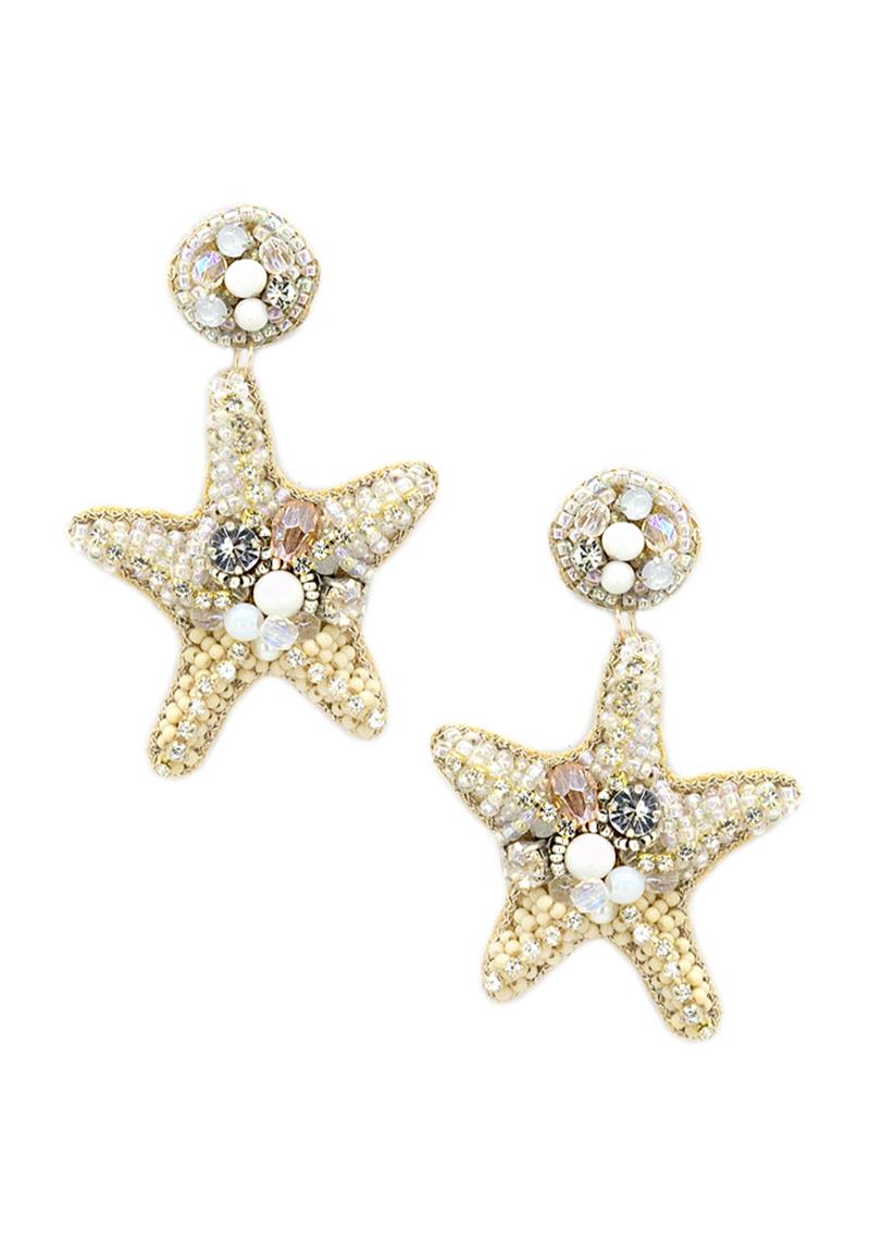 SEED BEAD RHINESTONE STARFISH DANGLE EARRING