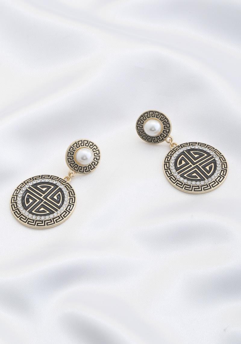 ROUND GREEK PATTERN RHINESTONE DANGLE EARRING