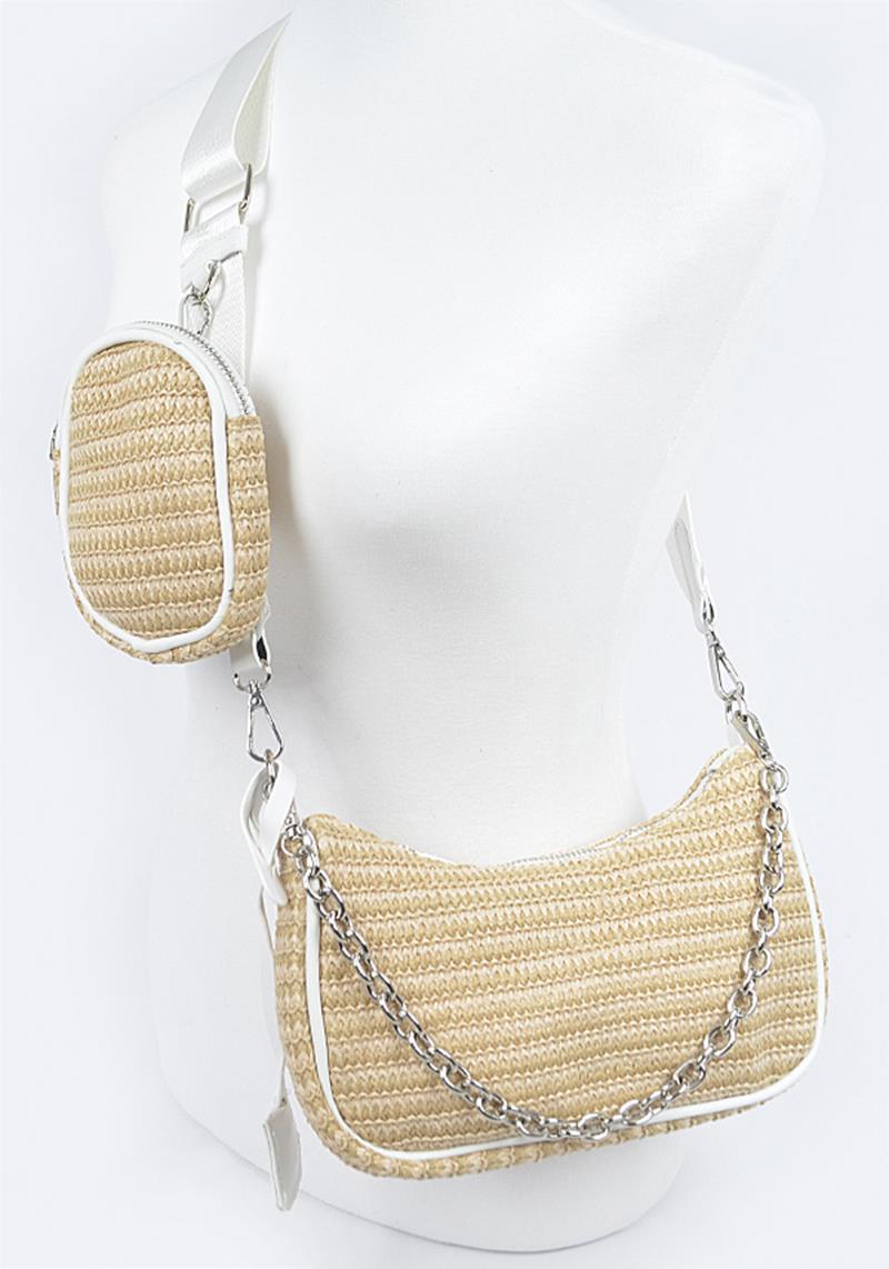 2IN1 FAUX STRAW CHAIN CROSSBODY DUAL BAG