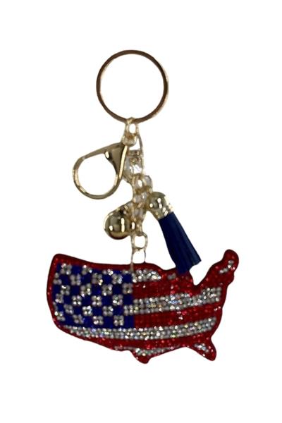 RHINESTONE AMERICAN FLAG KEYCHAIN WITH TASSEL