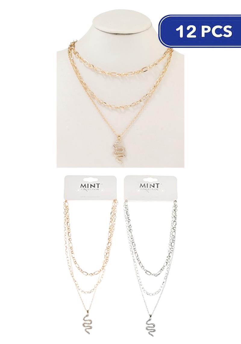 FASHION 3 LAYERED METAL CHAIN SNAKE PENDANT NECKLACE (12 UNITS)