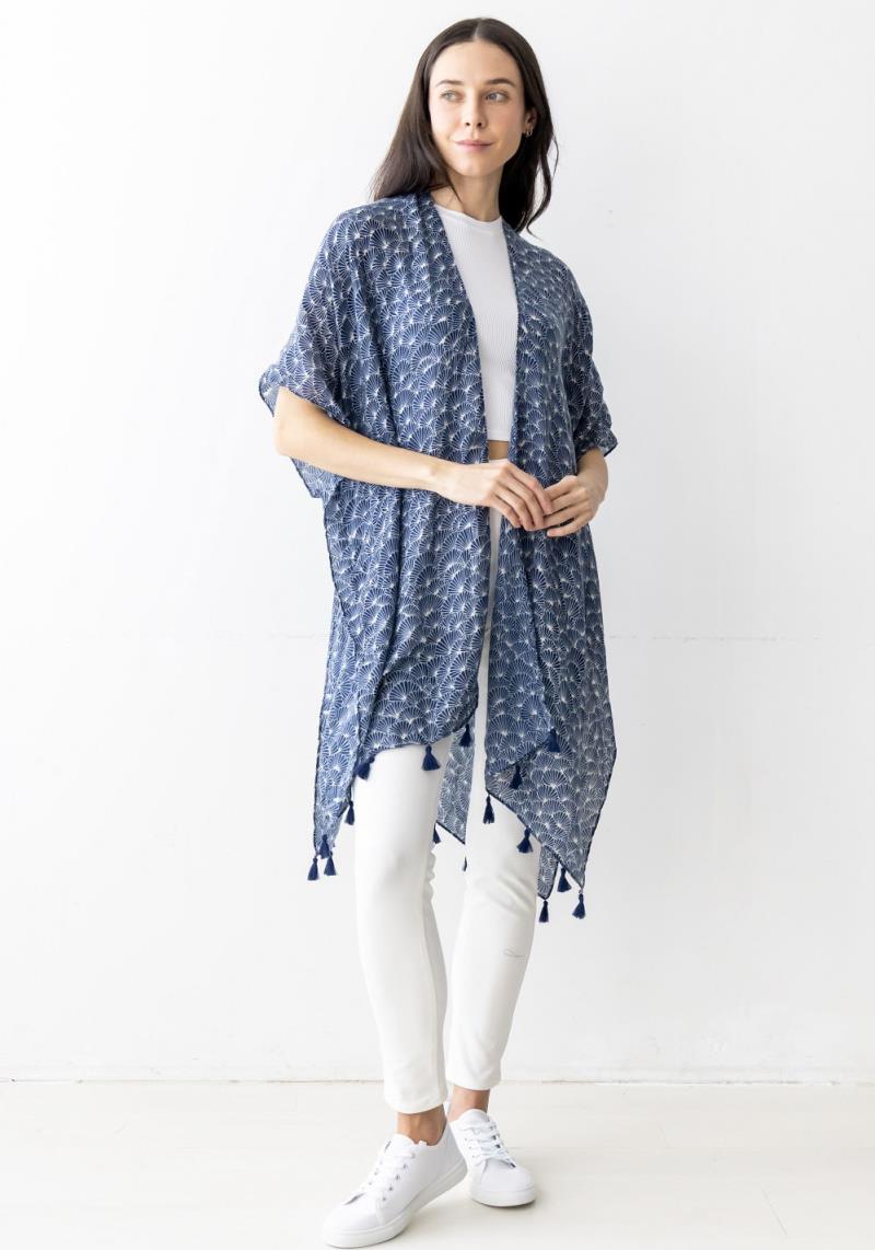 SCALLOP PRINT KIMONO W/ TASSELS