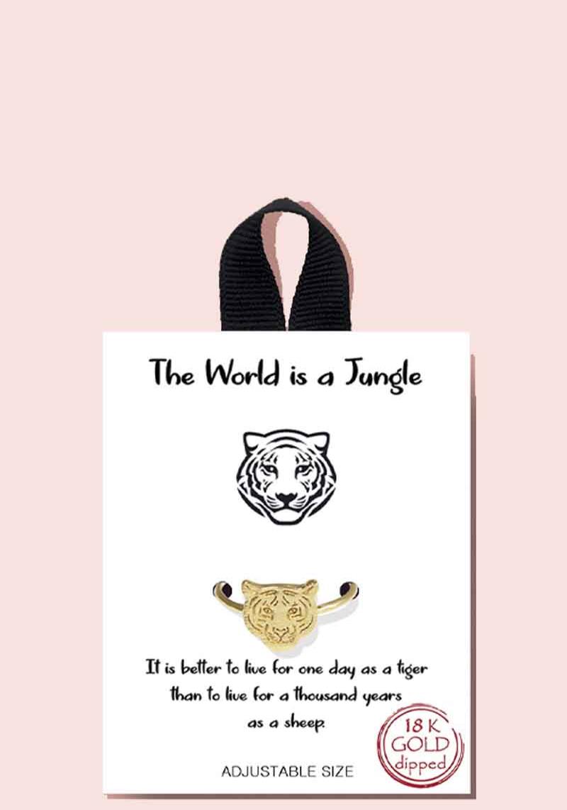 18K GOLD RHODIUM DIPPED THE WORLD IS A JUNGLE ADJUSTABLE SIZE  RING